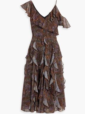 Mikael Aghal Ruffled Metallic Midi Dress US10  Printed Crepe de Chine NWT